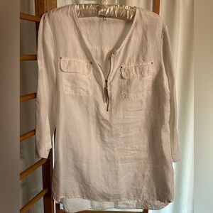 Ellen Tracy Linen Tunic Top Half Zip Rounded Hem Size Medium 3 Quarter Sleeves